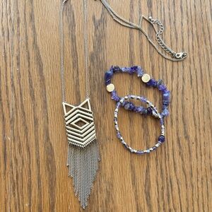 Gold boho Necklace and Purple Beaded Bracelet Set